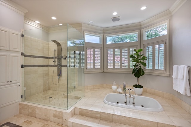 3 Savannah Ridge Dr, Frisco, TX 75034 - bathroom with a shower stall, a whirlpool tub, recessed lighting, and crown molding