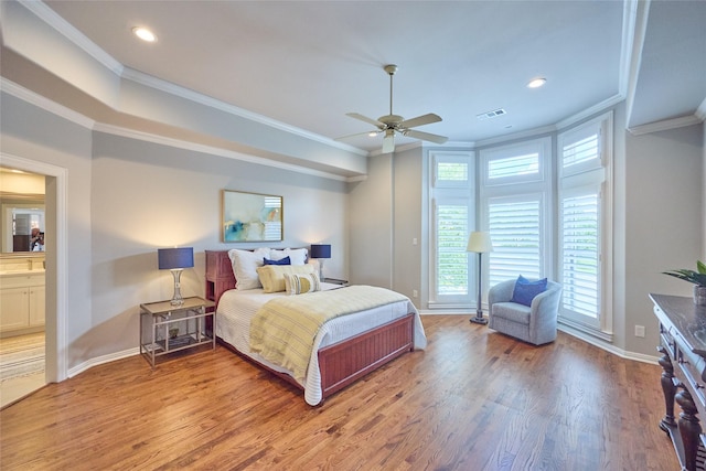 3 Savannah Ridge Dr, Frisco, TX 75034 - bedroom with ornamental molding, wood finished floors, baseboards, recessed lighting, and a ceiling fan