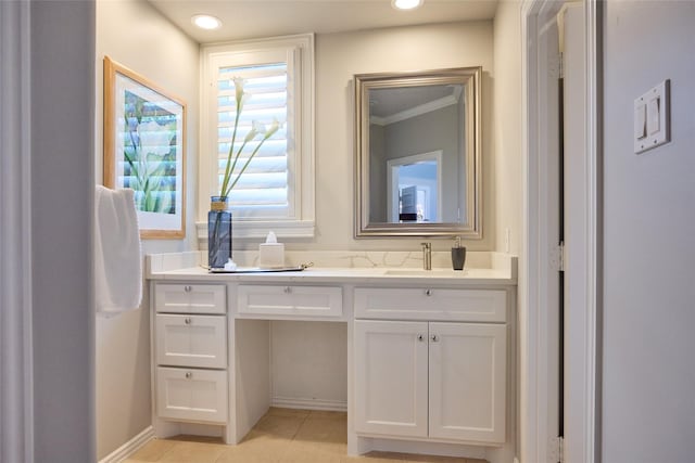 3 Savannah Ridge Dr, Frisco, TX 75034 - bathroom with vanity, tile patterned flooring, recessed lighting, and crown molding