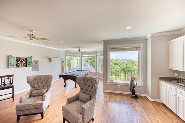 3 Savannah Ridge Dr, Frisco, TX 75034 - game room with billiards table, crown molding, a sink, light wood-style floors, and baseboards