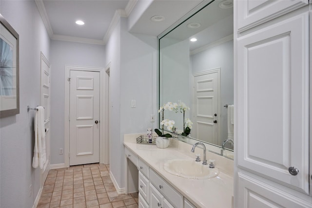 3 Savannah Ridge Dr, Frisco, TX 75034 - bathroom featuring baseboards, ornamental molding, vanity, and recessed lighting