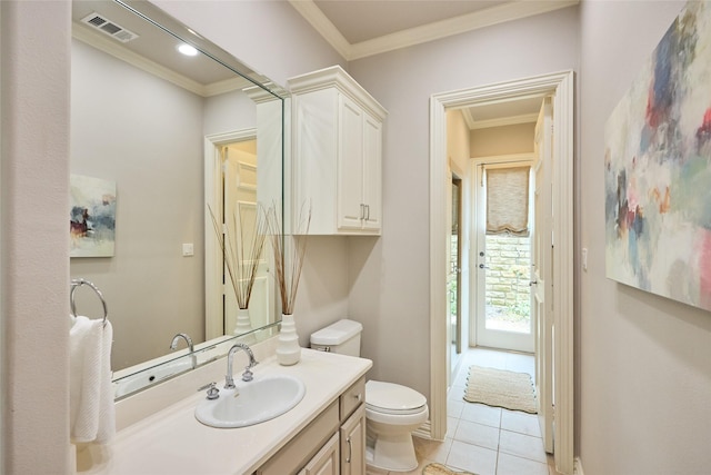 3 Savannah Ridge Dr, Frisco, TX 75034 - bathroom featuring tile patterned flooring, toilet, ornamental molding, and vanity