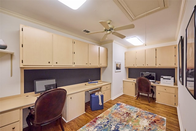 3 Savannah Ridge Dr, Frisco, TX 75034 - office featuring built in study area, attic access, wood finished floors, crown molding, and a ceiling fan