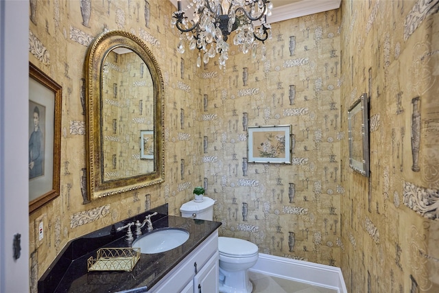 3 Savannah Ridge Dr, Frisco, TX 75034 - bathroom featuring toilet, vanity, and a chandelier