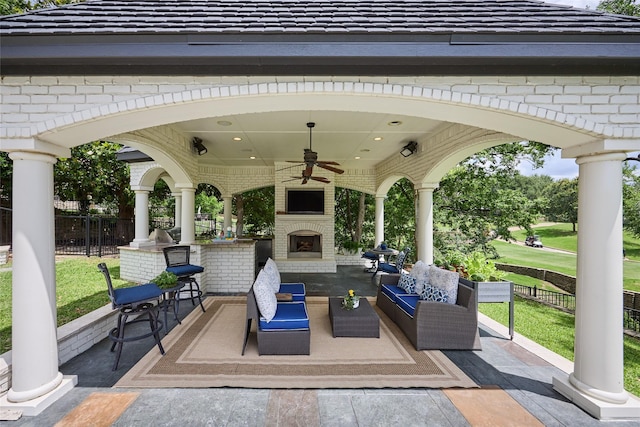 3 Savannah Ridge Dr, Frisco, TX 75034 - view of patio / terrace featuring a ceiling fan, a gazebo, and an outdoor living space with a fireplace