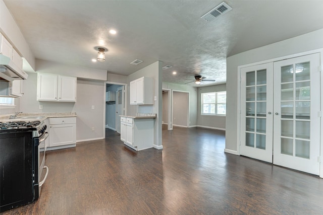 729 Grubb Cir, Mesquite, TX 75149 - kitchen featuring stainless steel range with gas stovetop, french doors, light countertops, ceiling fan, and dark wood-style flooring