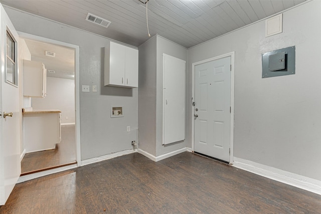 729 Grubb Cir, Mesquite, TX 75149 - laundry room featuring electric panel, washer hookup, dark wood finished floors, baseboards, and wood ceiling
