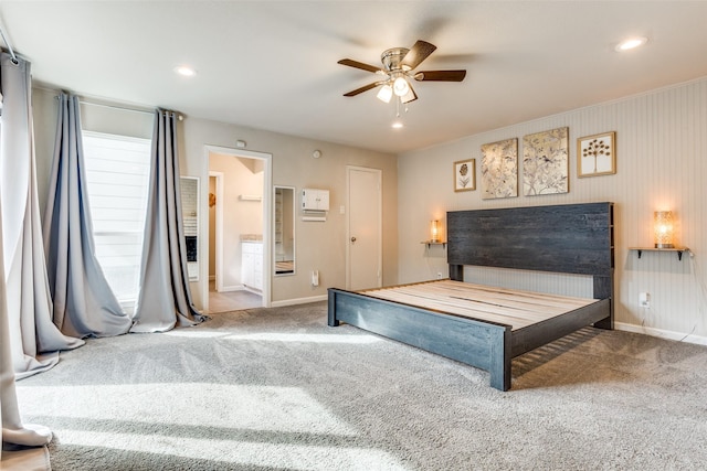 605 Sevilla Dr, Garland, TX 75043 - bedroom featuring baseboards, carpet, recessed lighting, ceiling fan, and connected bathroom