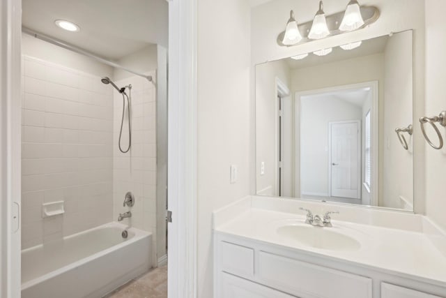 2545 Sedalia Ct, Frisco, TX 75034 - bathroom with vanity, tile patterned floors, bathing tub / shower combination, and recessed lighting