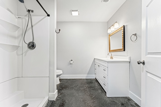 179 Johnston Dr, Decatur, TX 76234 - bathroom featuring concrete flooring, baseboards, toilet, and a stall shower