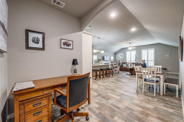 410 Phillips Ct, Mansfield, TX 76063 - home office featuring lofted ceiling, ceiling fan, light wood-type flooring, recessed lighting, and arched walkways