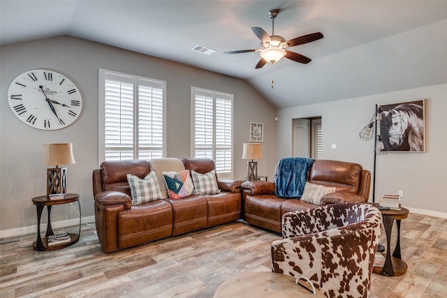 410 Phillips Ct, Mansfield, TX 76063 - living area featuring vaulted ceiling, a ceiling fan, light wood-type flooring, and baseboards