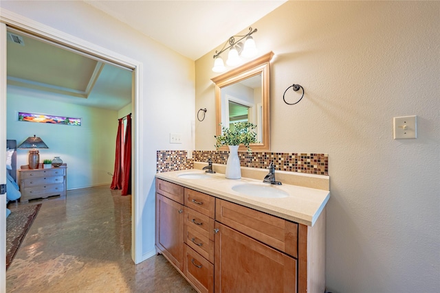 152 Pin Oak, Mabank, TX 75156 - full bath featuring decorative backsplash, double vanity, concrete floors, and baseboards