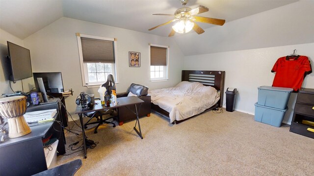 1407 Lady Amber Ln, Granbury, TX 76049 - carpeted bedroom featuring vaulted ceiling, ceiling fan, an office area, and baseboards