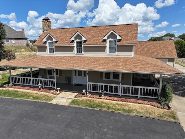 1407 Lady Amber Ln, Granbury, TX 76049 - country-style home featuring covered porch, a chimney, and a shingled roof