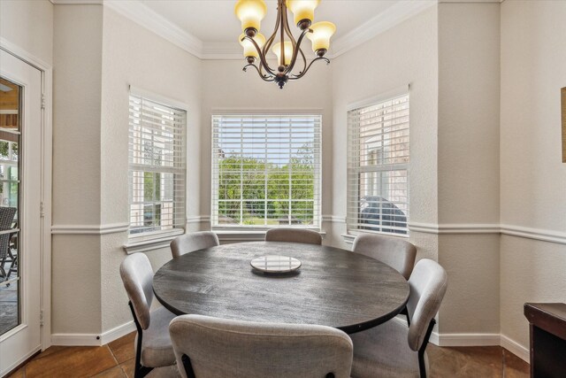 104 Lost Oaks Dr, Waco, TX 76705 - tiled dining area with crown molding, a chandelier, and baseboards
