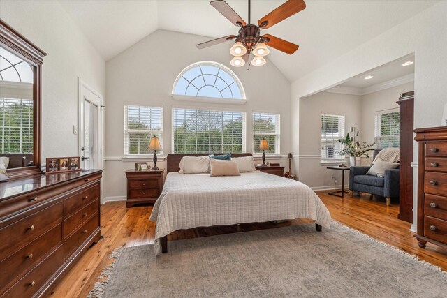 104 Lost Oaks Dr, Waco, TX 76705 - bedroom featuring light wood-style flooring, multiple windows, high vaulted ceiling, a ceiling fan, and baseboards