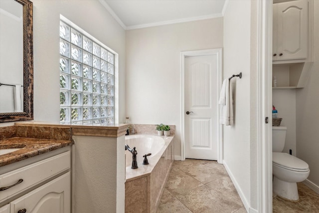 104 Lost Oaks Dr, Waco, TX 76705 - bathroom featuring crown molding, a bath, vanity, toilet, and tile patterned floors