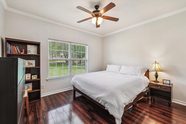 104 Lost Oaks Dr, Waco, TX 76705 - bedroom featuring baseboards, dark wood-style floors, crown molding, and a ceiling fan