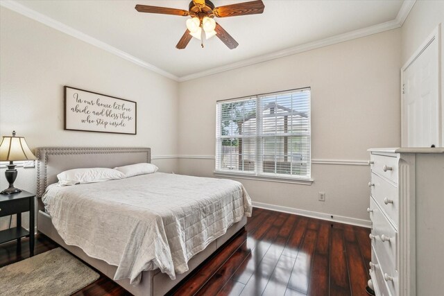 104 Lost Oaks Dr, Waco, TX 76705 - bedroom featuring baseboards, ornamental molding, dark wood-type flooring, and ceiling fan