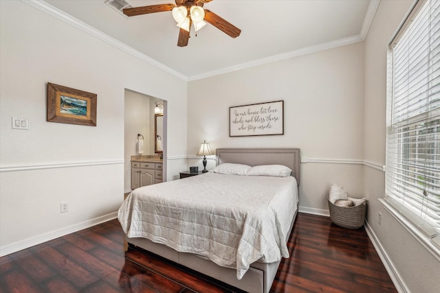 104 Lost Oaks Dr, Waco, TX 76705 - bedroom featuring hardwood / wood-style floors, baseboards, ornamental molding, ensuite bathroom, and ceiling fan