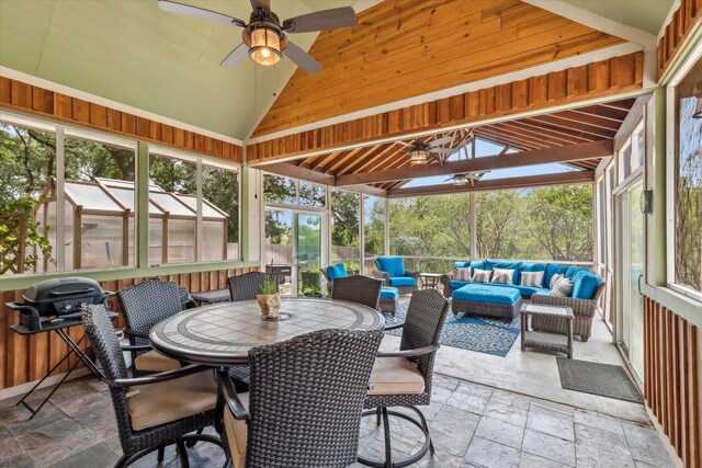 104 Lost Oaks Dr, Waco, TX 76705 - sunroom / solarium featuring ceiling fan, outdoor lounge area, outdoor dining area, and lofted ceiling