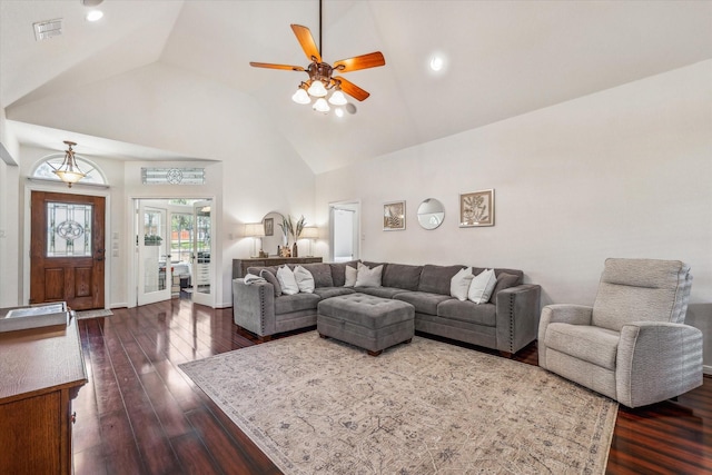 104 Lost Oaks Dr, Waco, TX 76705 - living room featuring dark wood-style flooring, ceiling fan, high vaulted ceiling, recessed lighting, and baseboards