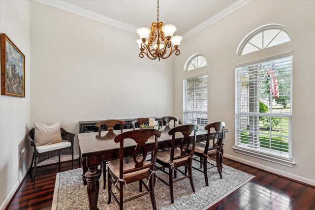 104 Lost Oaks Dr, Waco, TX 76705 - dining room with crown molding, a chandelier, dark wood finished floors, and baseboards