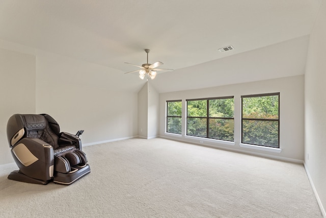 1928 Victoria Cir, Mckinney, TX 75072 - unfurnished room featuring carpet flooring, baseboards, lofted ceiling, and ceiling fan