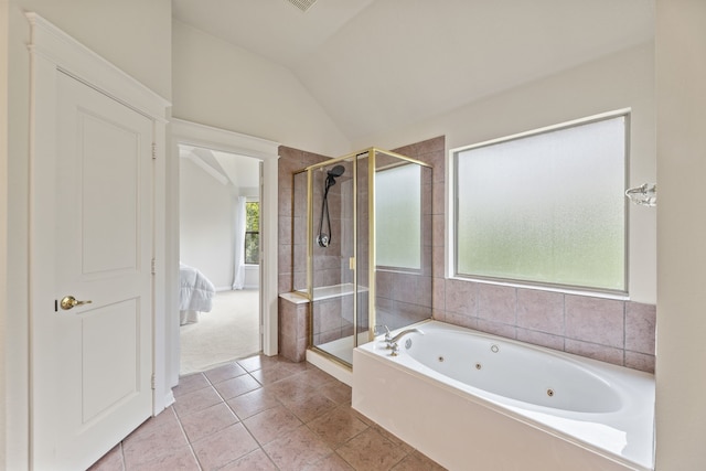 1928 Victoria Cir, Mckinney, TX 75072 - full bath featuring a stall shower, lofted ceiling, a whirlpool tub, tile patterned flooring, and connected bathroom