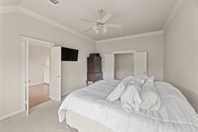 1928 Victoria Cir, Mckinney, TX 75072 - bedroom with ornamental molding, baseboards, ceiling fan, lofted ceiling, and light colored carpet
