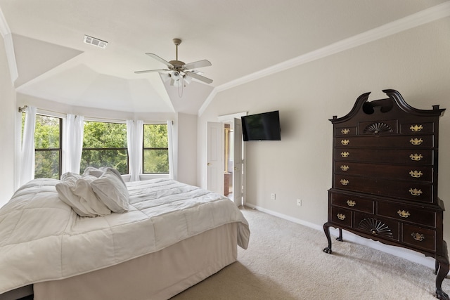1928 Victoria Cir, Mckinney, TX 75072 - bedroom with carpet, vaulted ceiling, baseboards, crown molding, and ceiling fan
