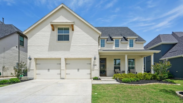 4190 Sandhills Ln, Prosper, TX 75078 - view of front of house with a porch, driveway, a front yard, an attached garage, and brick siding