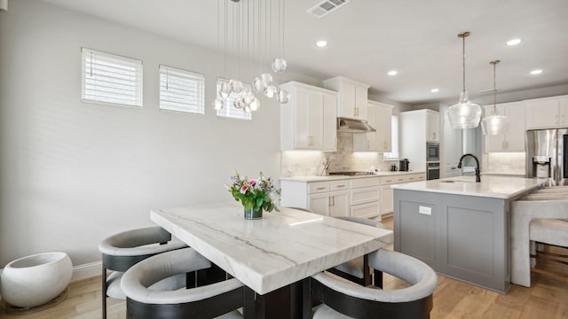 4190 Sandhills Ln, Prosper, TX 75078 - kitchen featuring stainless steel appliances, under cabinet range hood, decorative backsplash, a center island with sink, and light wood finished floors