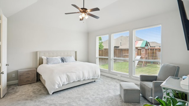 4190 Sandhills Ln, Prosper, TX 75078 - carpeted bedroom featuring lofted ceiling, baseboards, and ceiling fan