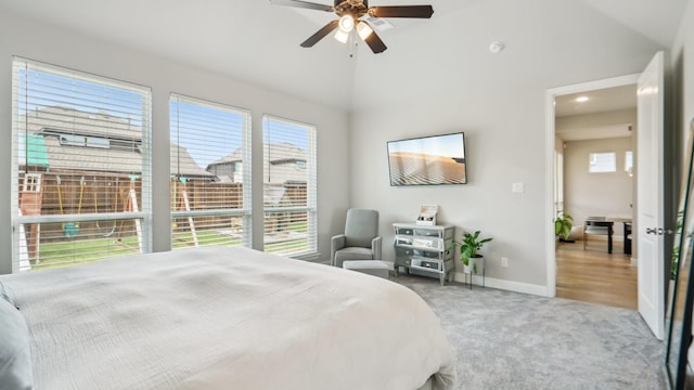4190 Sandhills Ln, Prosper, TX 75078 - bedroom with carpet, baseboards, a ceiling fan, recessed lighting, and high vaulted ceiling