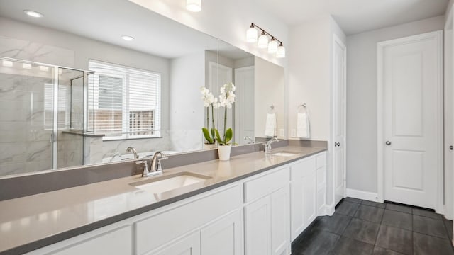4190 Sandhills Ln, Prosper, TX 75078 - full bathroom featuring a stall shower, tile patterned floors, double vanity, and recessed lighting
