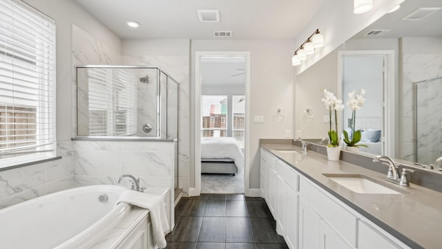 4190 Sandhills Ln, Prosper, TX 75078 - ensuite bathroom with a bath, a shower stall, double vanity, baseboards, and recessed lighting