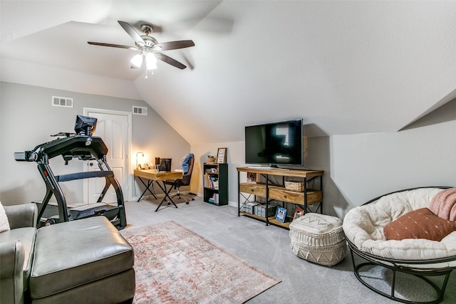 living area featuring carpet flooring, lofted ceiling, a ceiling fan, and baseboards