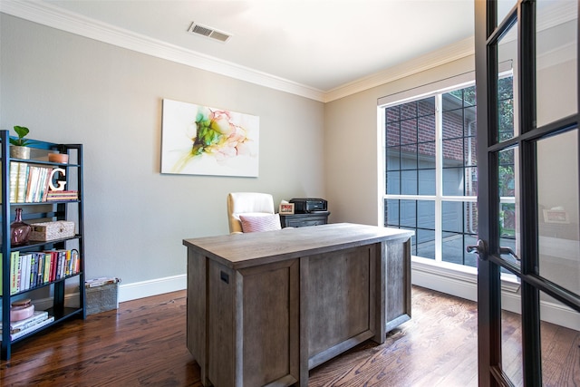 home office featuring ornamental molding, dark wood finished floors, baseboards, and french doors