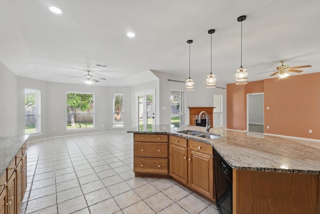 301 Angela Dr, Burleson, TX 76028 - kitchen featuring a ceiling fan, open floor plan, and a sink