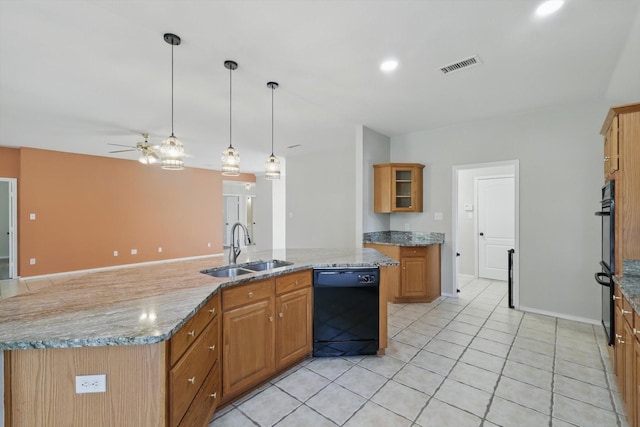301 Angela Dr, Burleson, TX 76028 - kitchen featuring black appliances, a sink, ceiling fan, light tile patterned floors, and hanging light fixtures