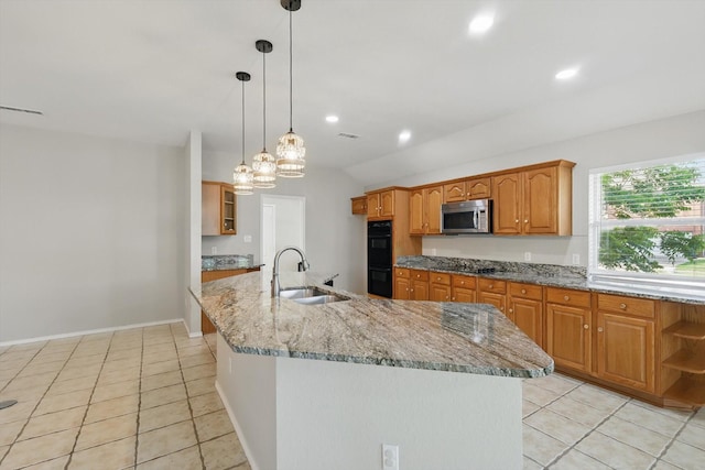 301 Angela Dr, Burleson, TX 76028 - kitchen featuring open shelves, a sink, black appliances, light tile patterned flooring, and vaulted ceiling