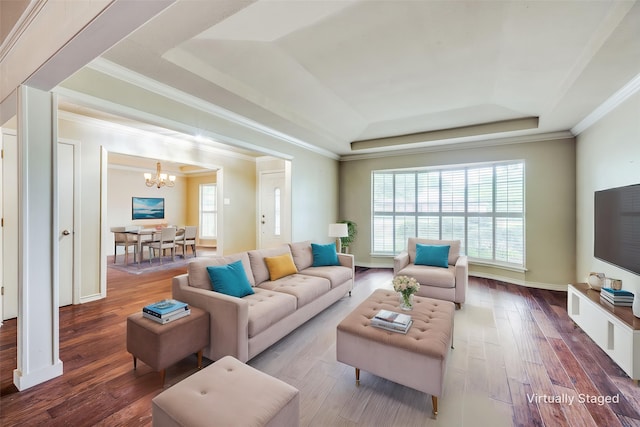 2500 Shoreline Dr, Sherman, TX 75092 - living area featuring a tray ceiling, a chandelier, hardwood / wood-style floors, crown molding, and baseboards