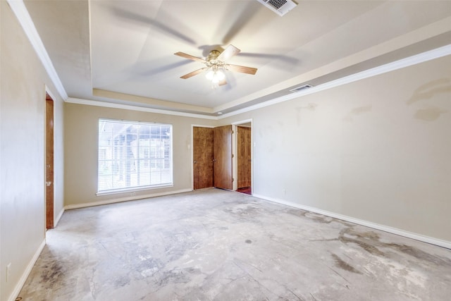 2500 Shoreline Dr, Sherman, TX 75092 - spare room featuring a raised ceiling, ceiling fan, ornamental molding, and baseboards