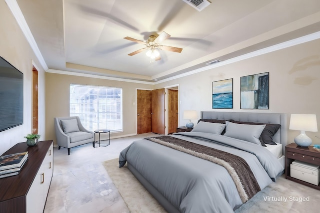 2500 Shoreline Dr, Sherman, TX 75092 - bedroom with a tray ceiling, light colored carpet, ornamental molding, and ceiling fan