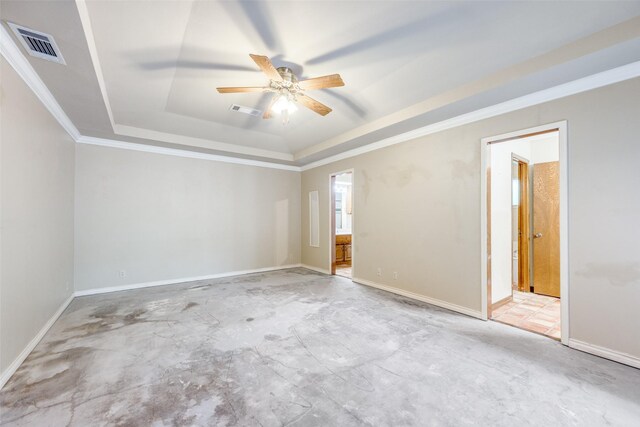 2500 Shoreline Dr, Sherman, TX 75092 - unfurnished room featuring a raised ceiling, a ceiling fan, ornamental molding, baseboards, and unfinished concrete flooring