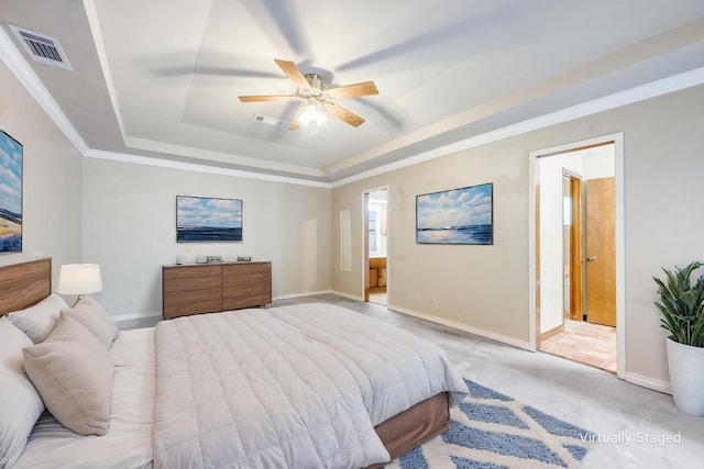 2500 Shoreline Dr, Sherman, TX 75092 - bedroom featuring a tray ceiling, ensuite bathroom, light carpet, baseboards, and ornamental molding