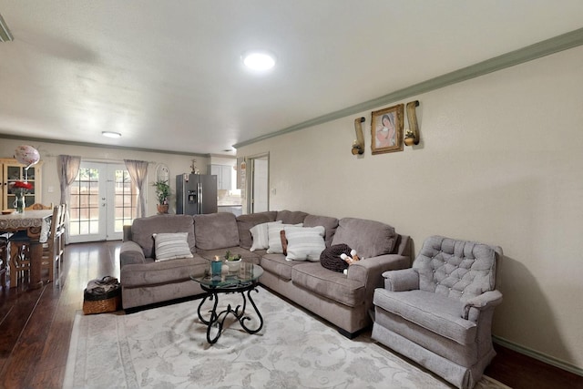 805 Loganwood Dr, Royse City, TX 75189 - living room with french doors, hardwood / wood-style floors, and ornamental molding