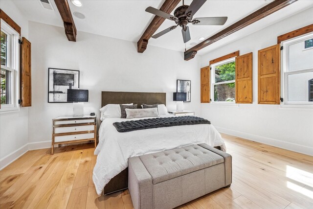 933 Glenhurst Rd, Keller, TX 76248 - bedroom featuring beamed ceiling, light wood-style floors, baseboards, recessed lighting, and a ceiling fan